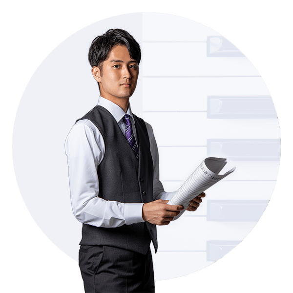 A portrait of Seishiro Irie standing in front of a wallpaper of a piano design.