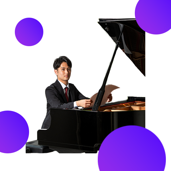 A portrait of Seishiro Irie sitting on a grand piano.
