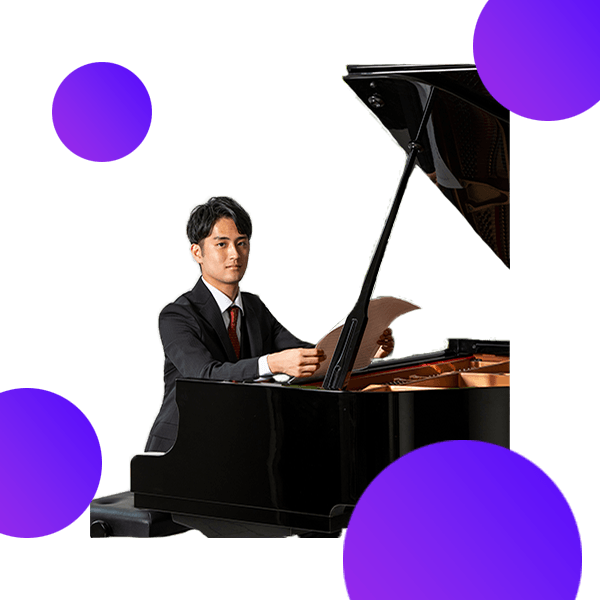 A portrait of Seishiro Irie sitting on a grand piano.